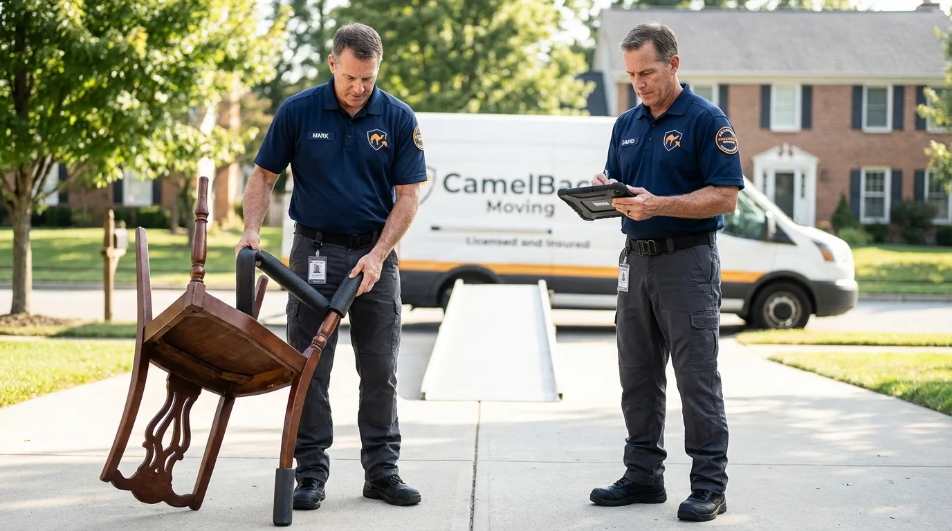Movers inspecting furniture for damage prevention before loading in Lecanto, FL