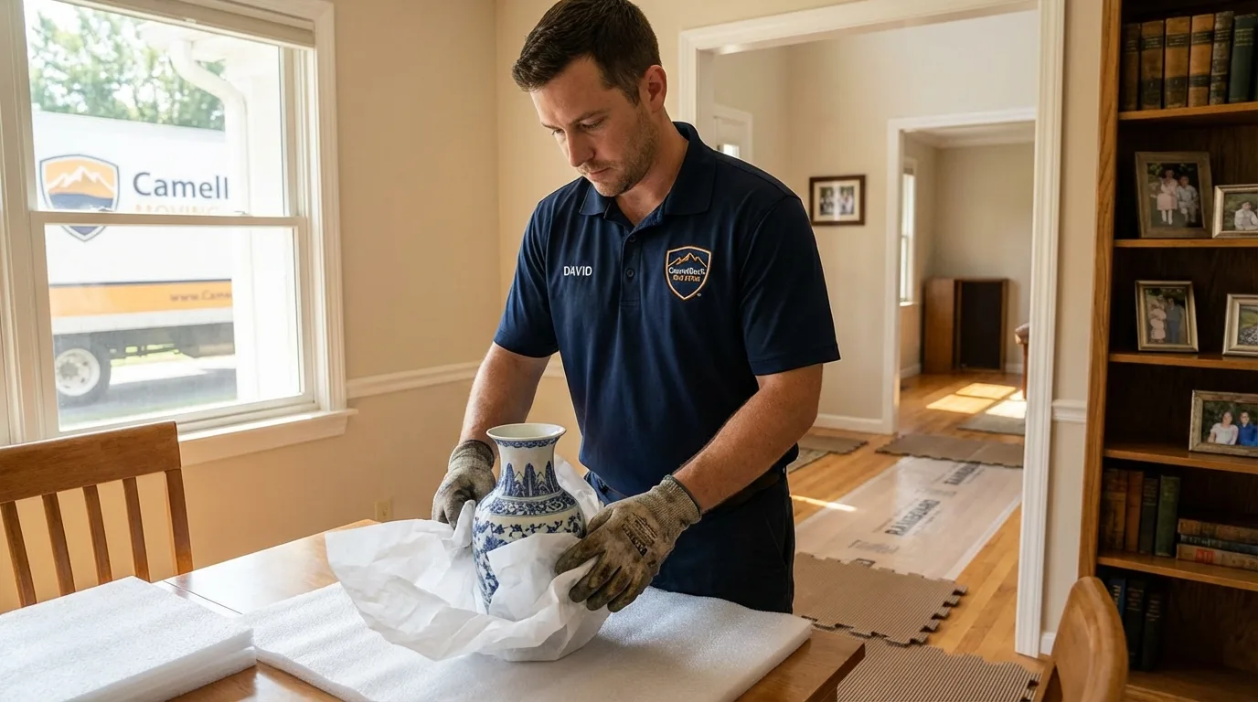 Professional crew carefully wrapping antique vase for senior downsizing move in Lecanto, FL